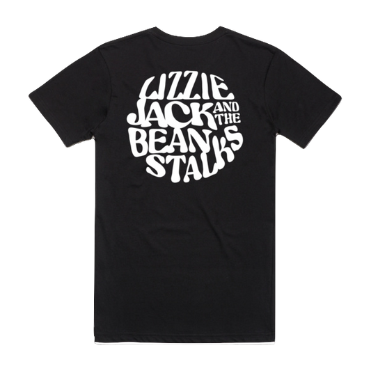 Black t-shirt with white text on a white background