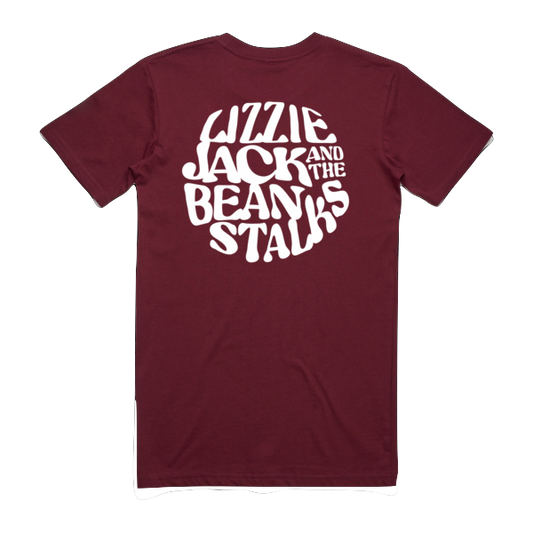 Maroon t-shirt with white text on a white background