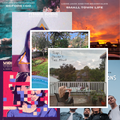Collage of various images including a sunset, a person sitting on a deck, and abstract art.