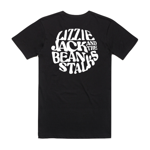 Black t-shirt with white text on a white background