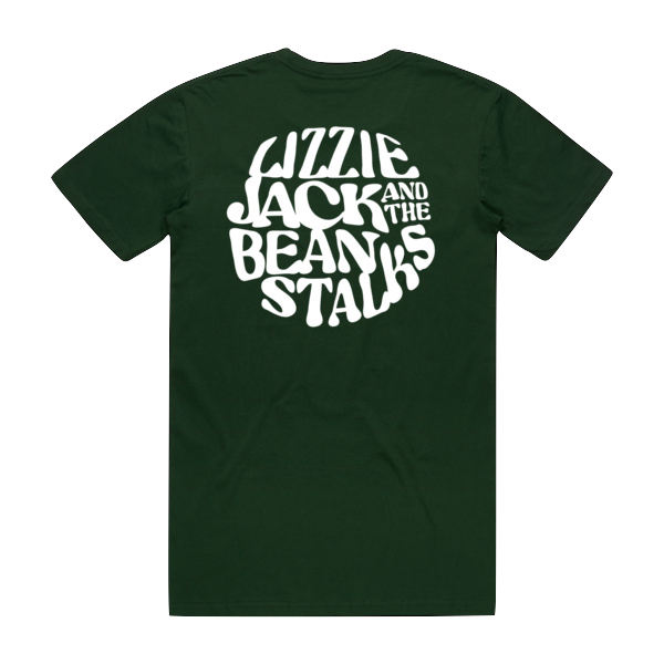 Green t-shirt with white text on a white background