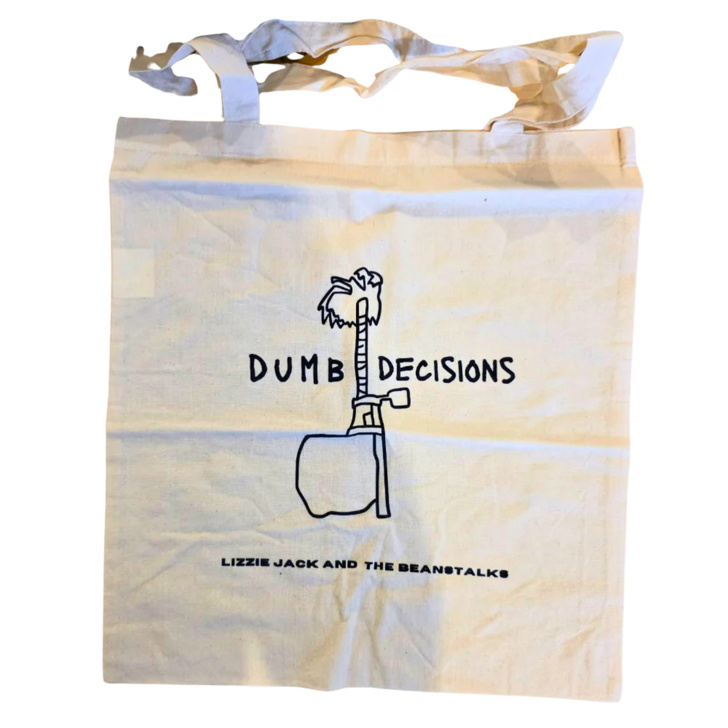 Tote bag with 'Dumb Decisions' design and text on a tie-dye background