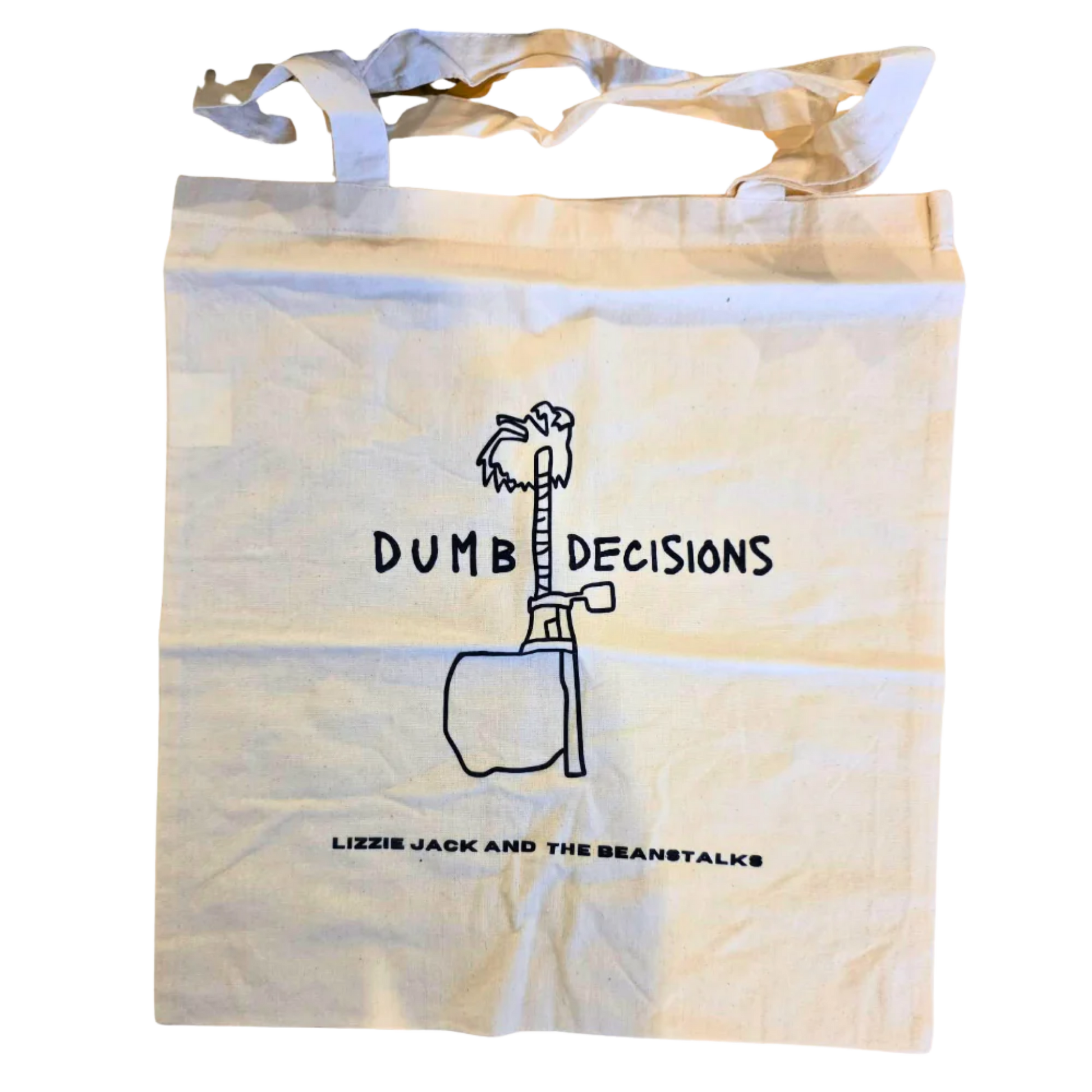 Tote bag with 'Dumb Decisions' design and text on a tie-dye background