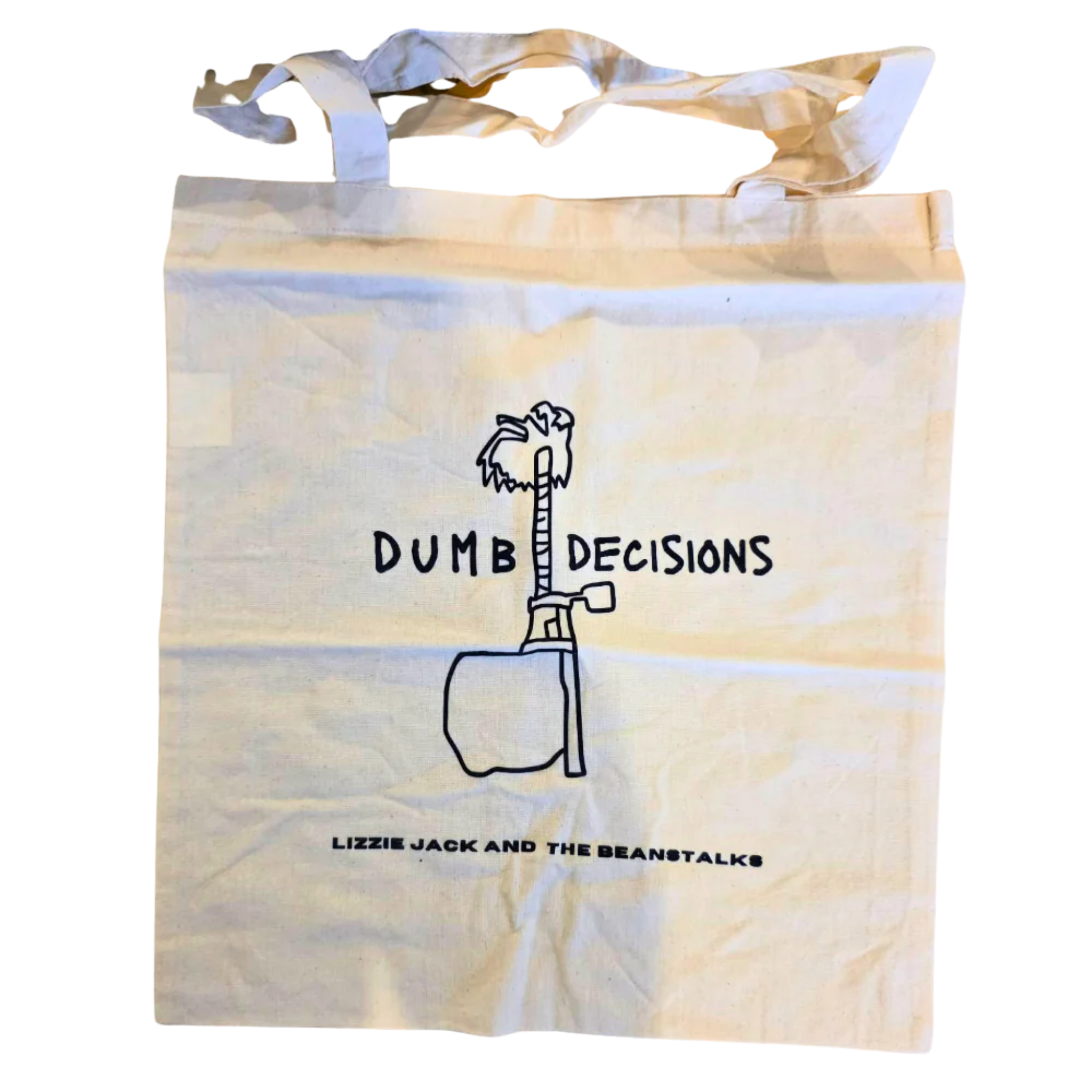 Tote bag with 'Dumb Decisions' design and text on a tie-dye background