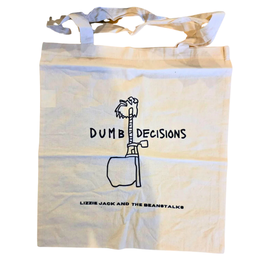 Tote bag with 'Dumb Decisions' design and text on a tie-dye background