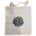 Beige tote bag with black text on a white background