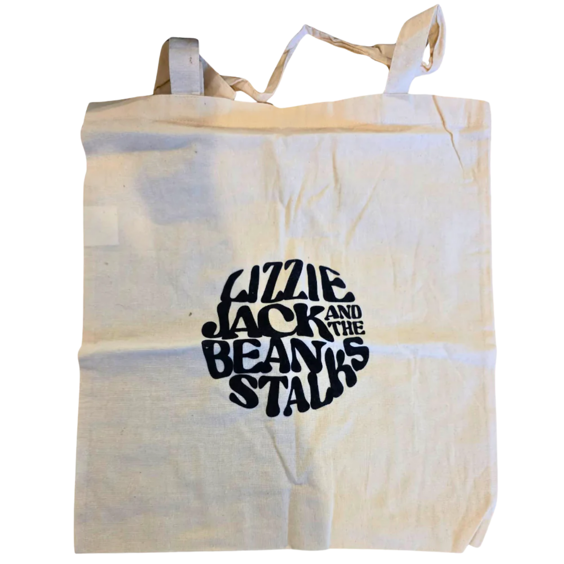 Beige tote bag with black text on a white background