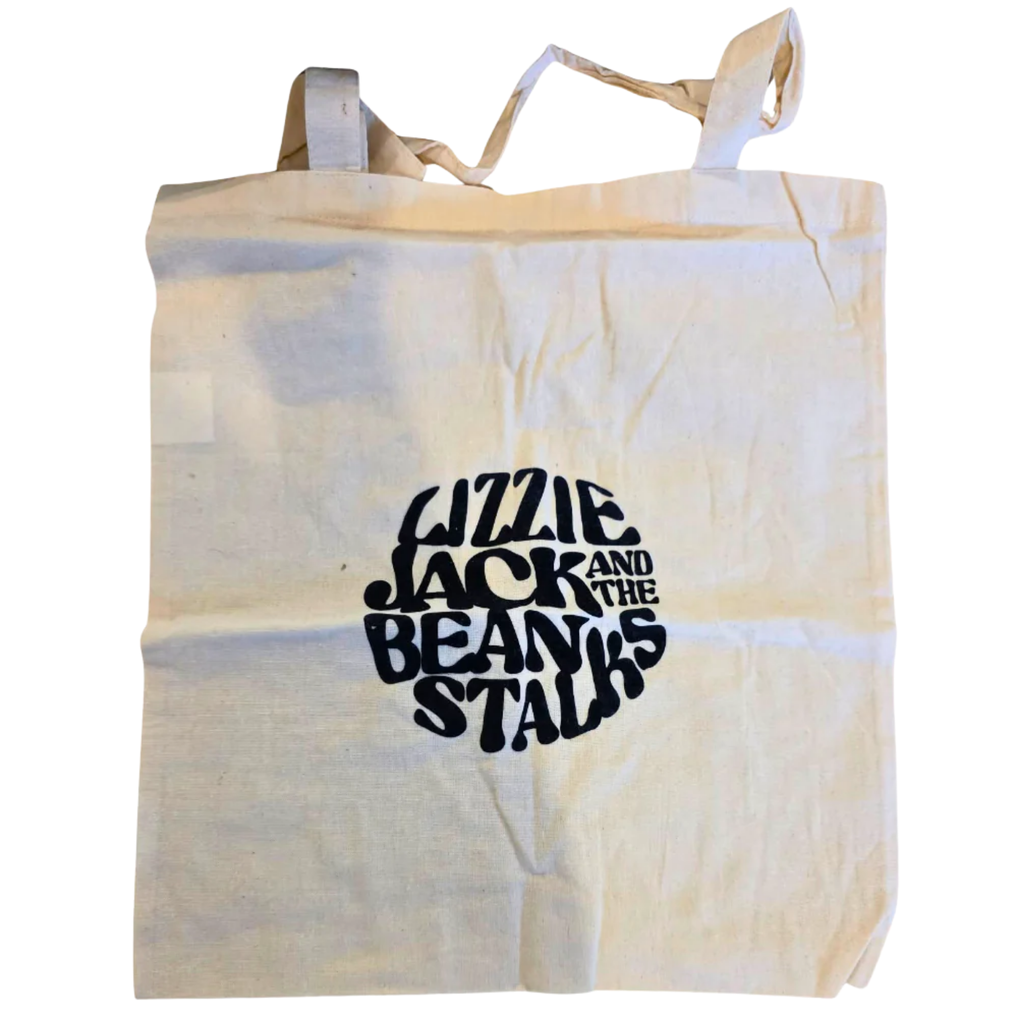 Beige tote bag with black text on a white background