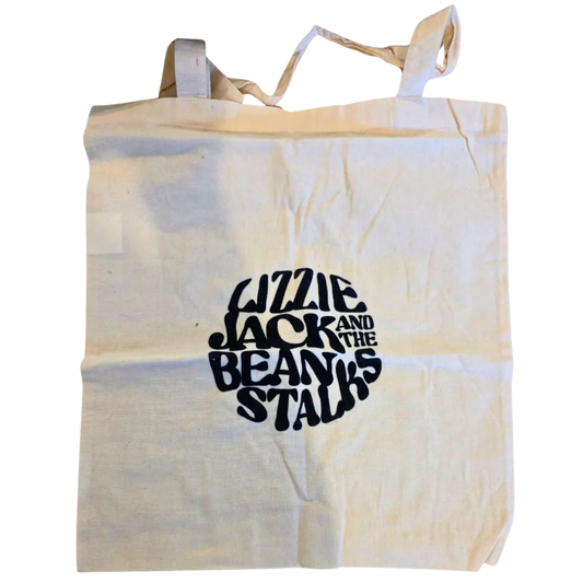 Beige tote bag with black text on a white background