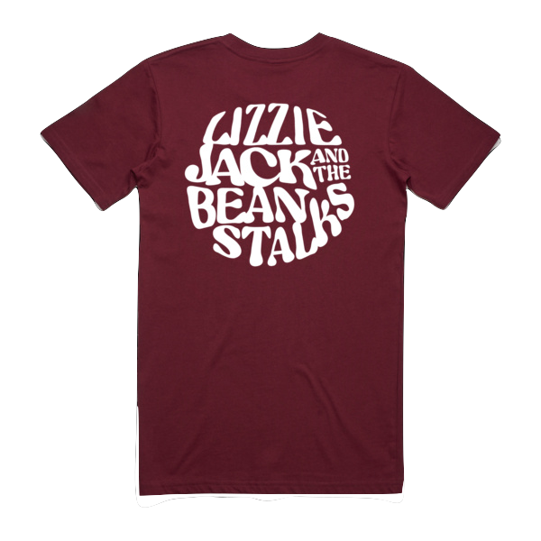 Maroon t-shirt with white text on a white background