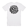 White t-shirt with black text 'Lizzie Jack and the Beanstalk Stalks' on a white background