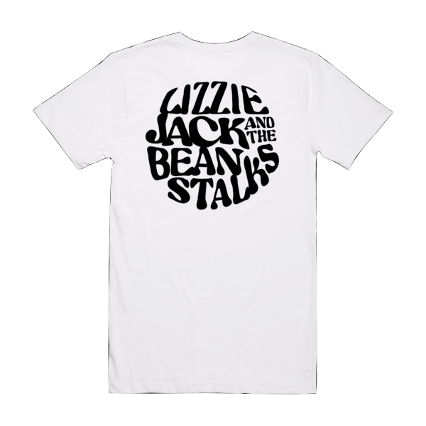 White t-shirt with black text 'Lizzie Jack and the Beanstalk Stalks' on a white background