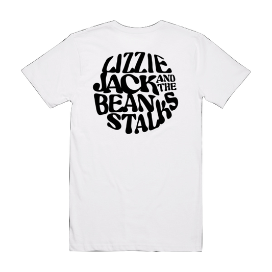 White t-shirt with black text 'Lizzie Jack and the Beanstalk Stalks' on a white background