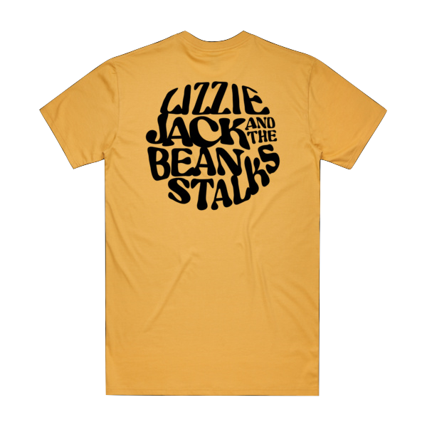 Yellow t-shirt with black text on a white background